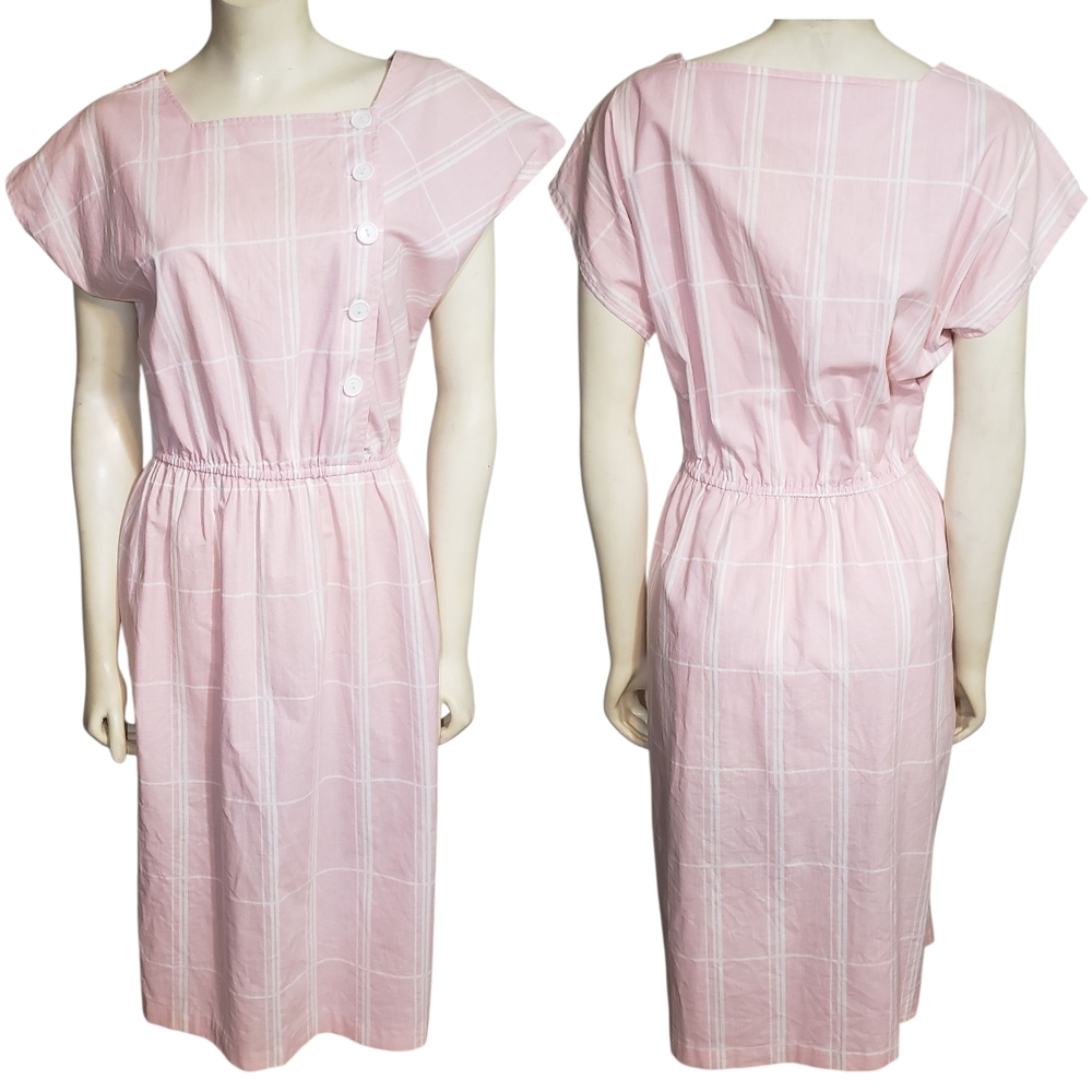 80s Does 50s 60s Vintage Lisa Jo pink dress with white buttons & stripes